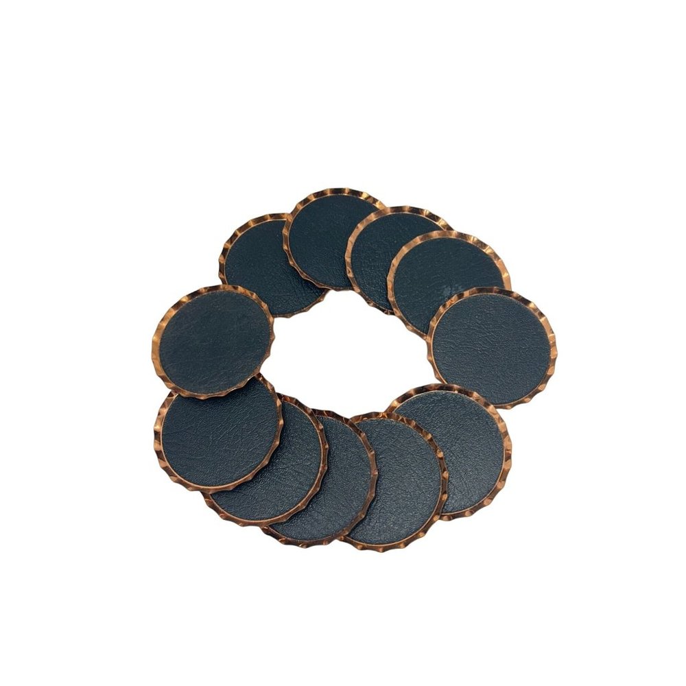 Vintage Set of Coasters Coppercraft Copper with Black Leather Set 11 Total